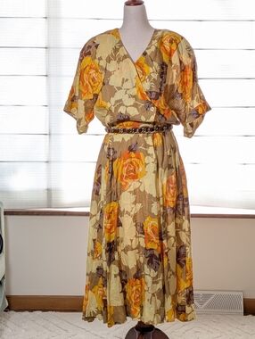 Vintage Sportmax Yellow Floral Rose Linen Dress